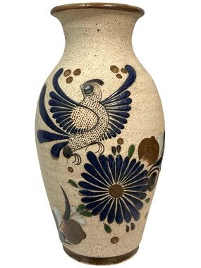 Vintage 1970s J. Mora Mexican Tonala Vase Signed - Floral & Bird Pattern